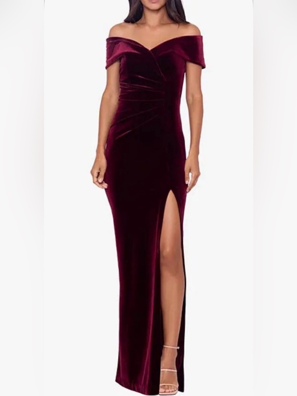 Xscape off-the-Shoulder Velvet Evening Gown in Burgundy with side split